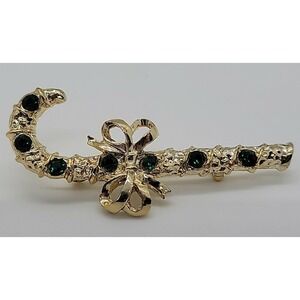 vintage gold tone green rhinestone Christmas candy cane w/ bow brooch pin